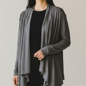 Oxmo Lace Shoulders Gray Open Front Cardigan